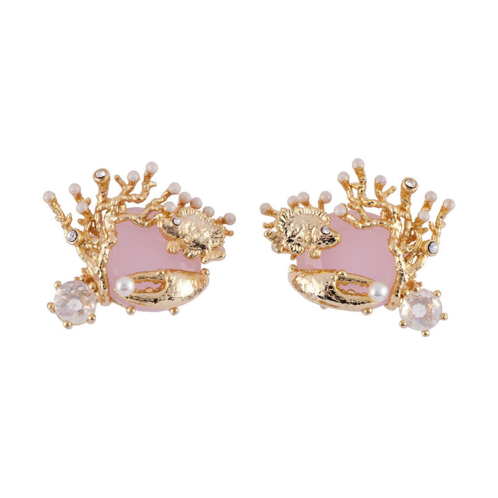 Atlantide Pink Crystal Stone With Corals, Fish & Crab'S Claw Earrings | AFAT1071 - Les Nereides