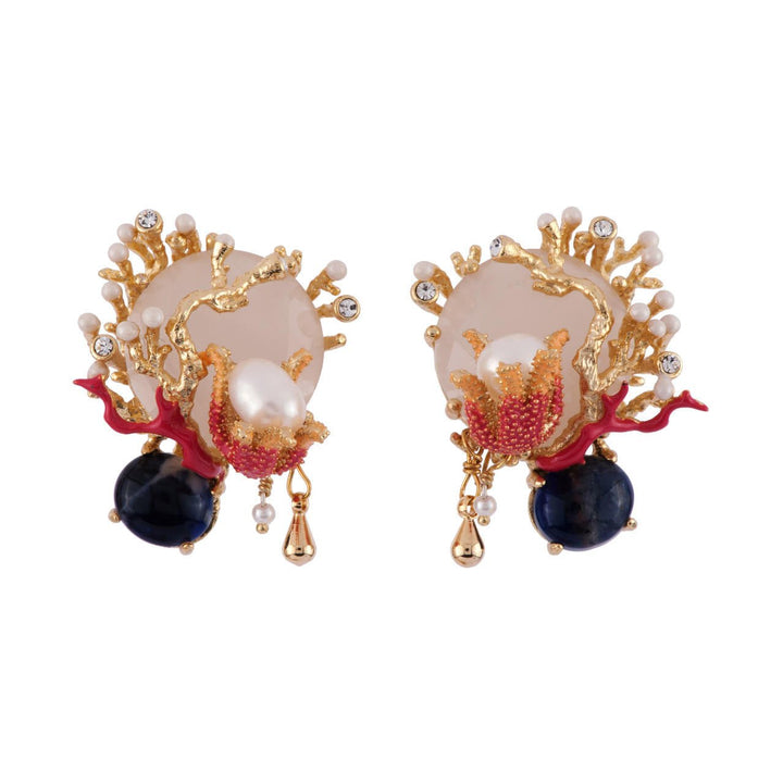 Atlantide White Crystal Stone W/Corals, Beads & Sea Star Earrings | AFAT108C/1 - Les Nereides