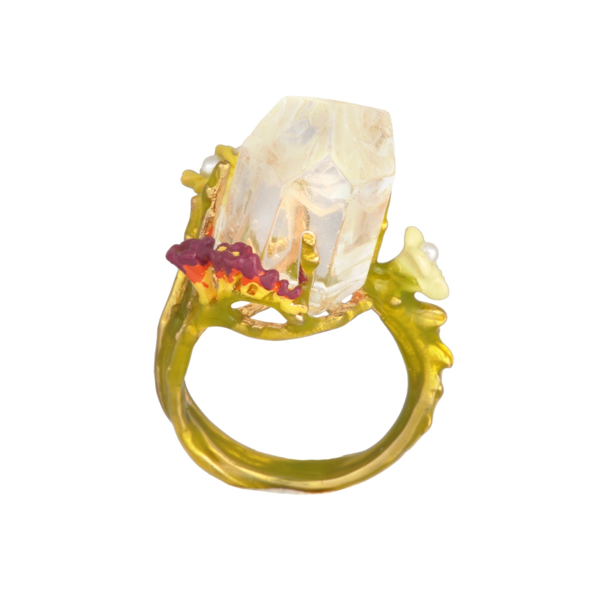 Bague Cristaux de Fleurs Grosse Pierre Avec Cristal de Roche Et