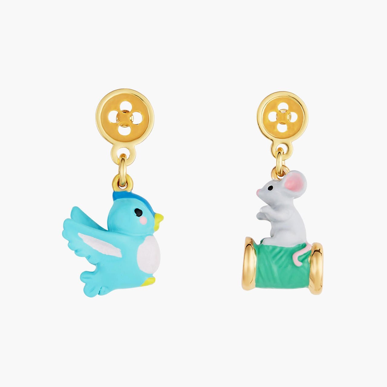 Bird, Mouse, Wool, Button And Spool Of Thread Earrings | AOCE1081 - Les Nereides