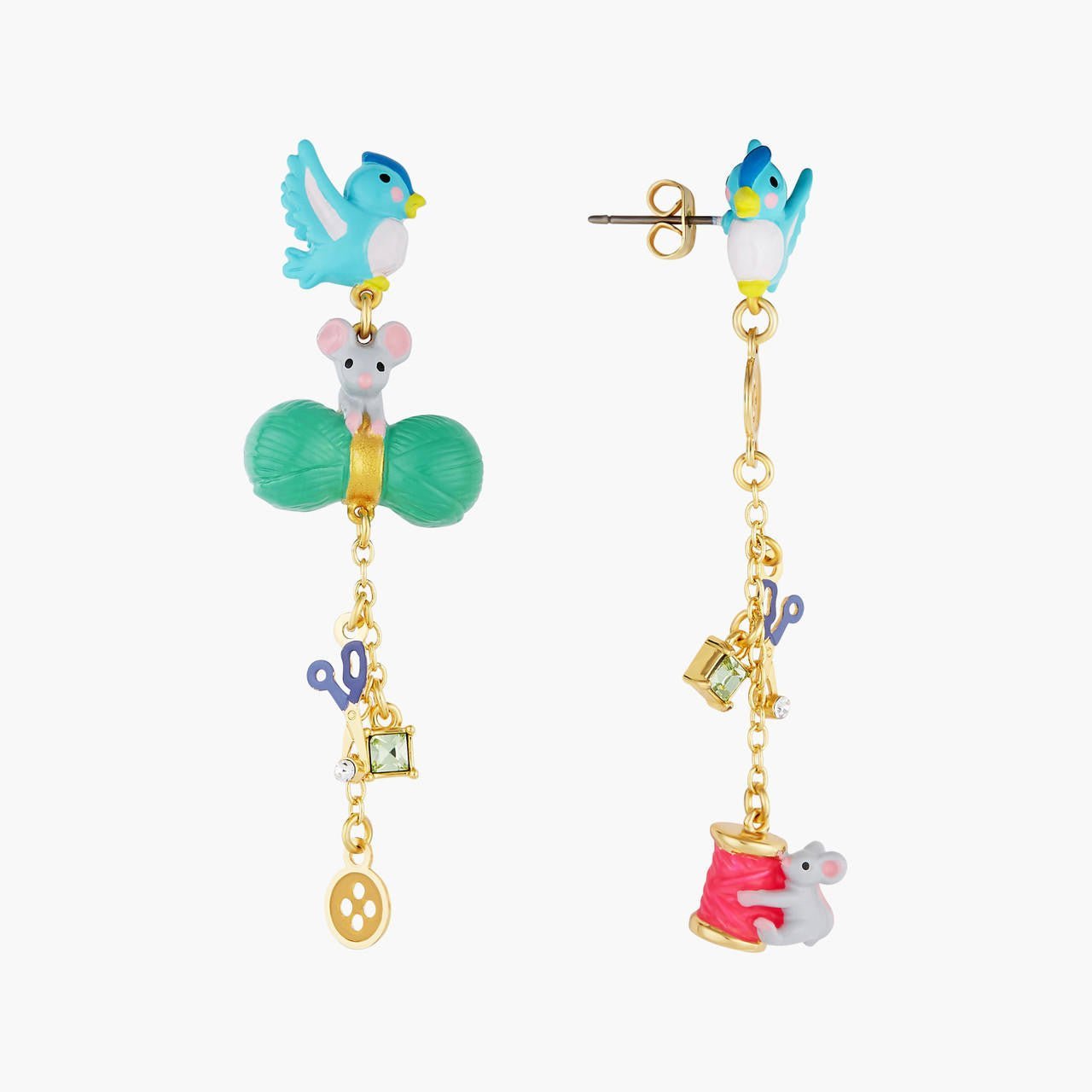 Bird, Mouse, Wool, Scissors, Button, Spool Of Thread And Faceted Crystal Earrings | AOCE1071 - Les Nereides