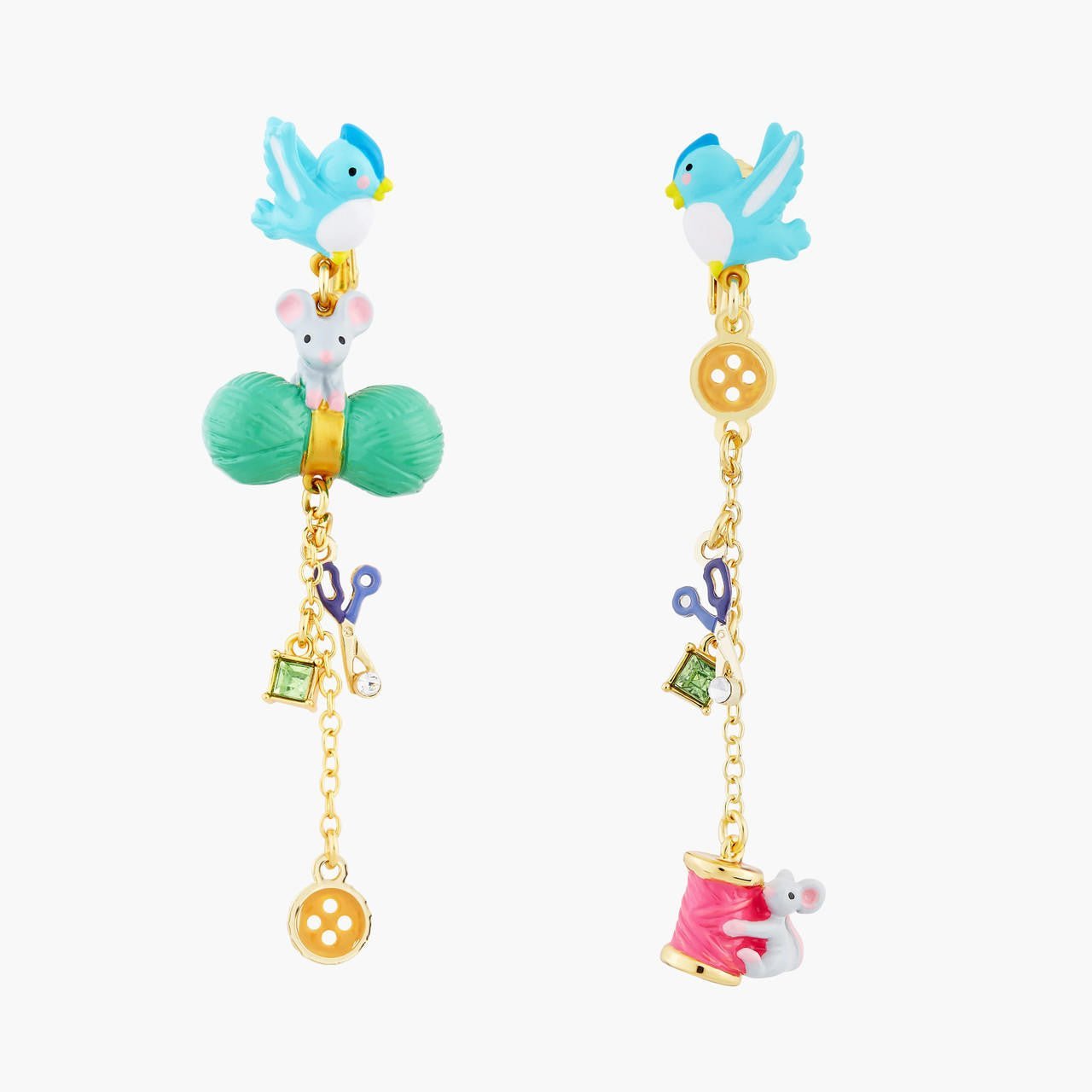 Bird, Mouse, Wool, Scissors, Button, Spool Of Thread And Faceted Crystal Earrings | AOCE1071 - Les Nereides