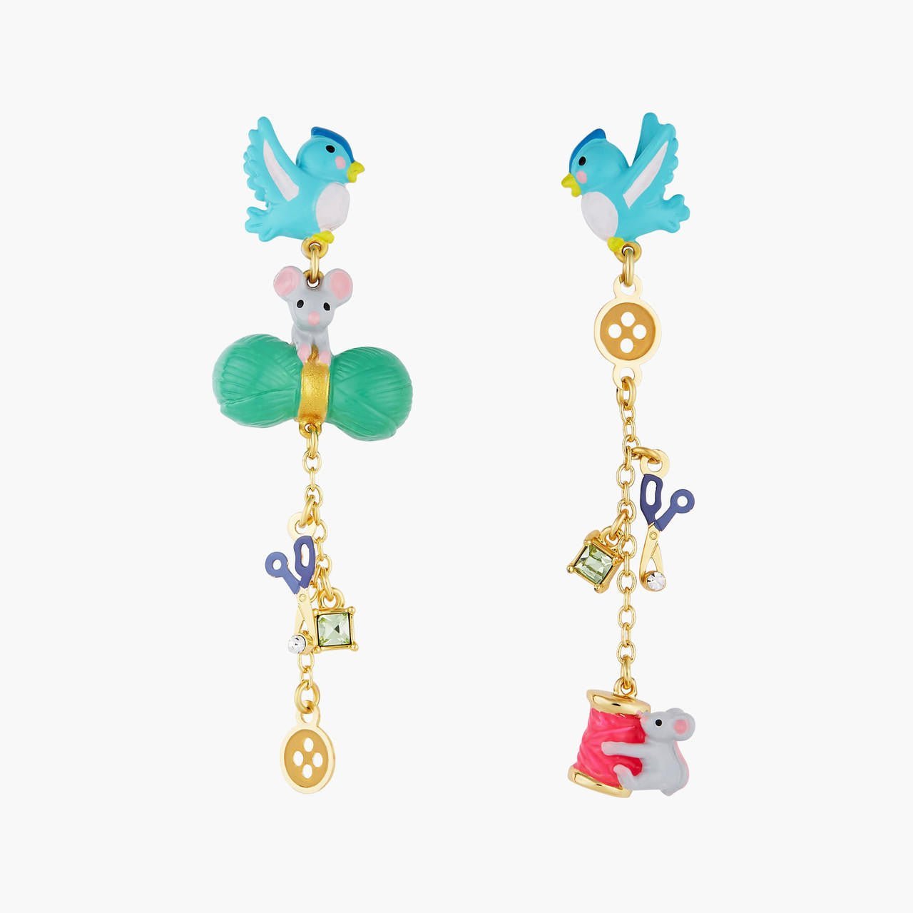 Bird, Mouse, Wool, Scissors, Button, Spool Of Thread And Faceted Crystal Earrings | AOCE1071 - Les Nereides