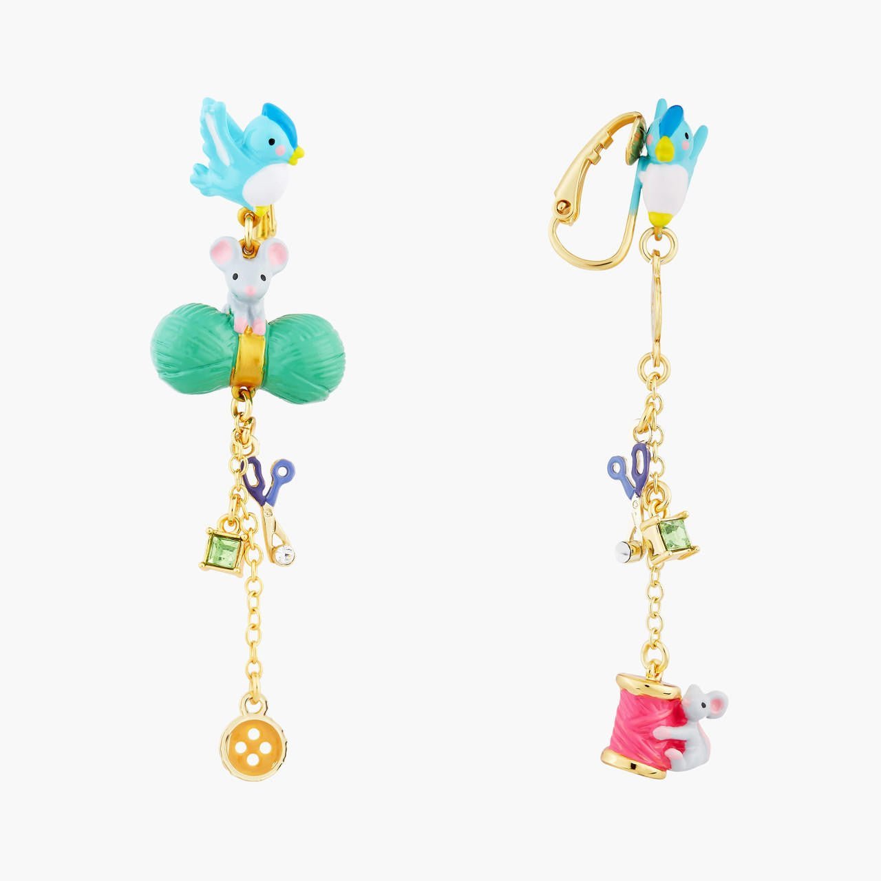Bird, Mouse, Wool, Scissors, Button, Spool Of Thread And Faceted Crystal Earrings | AOCE1071 - Les Nereides