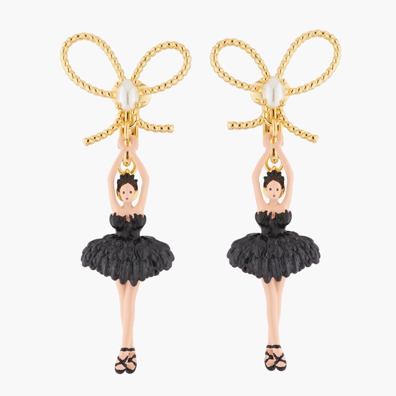 Black Ballerina, Gold Ribbon And Feather Tutu Earrings | AKDD1082 - Les Nereides