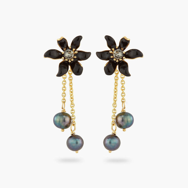 Black lily and cultured pearls earrings | AQFN1051 - Les Nereides