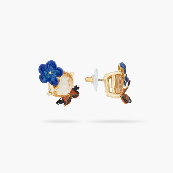 Blue Flax Flower, Faceted Glass And Butterfly Sleeper Earrings | ASTM1011 - Les Nereides