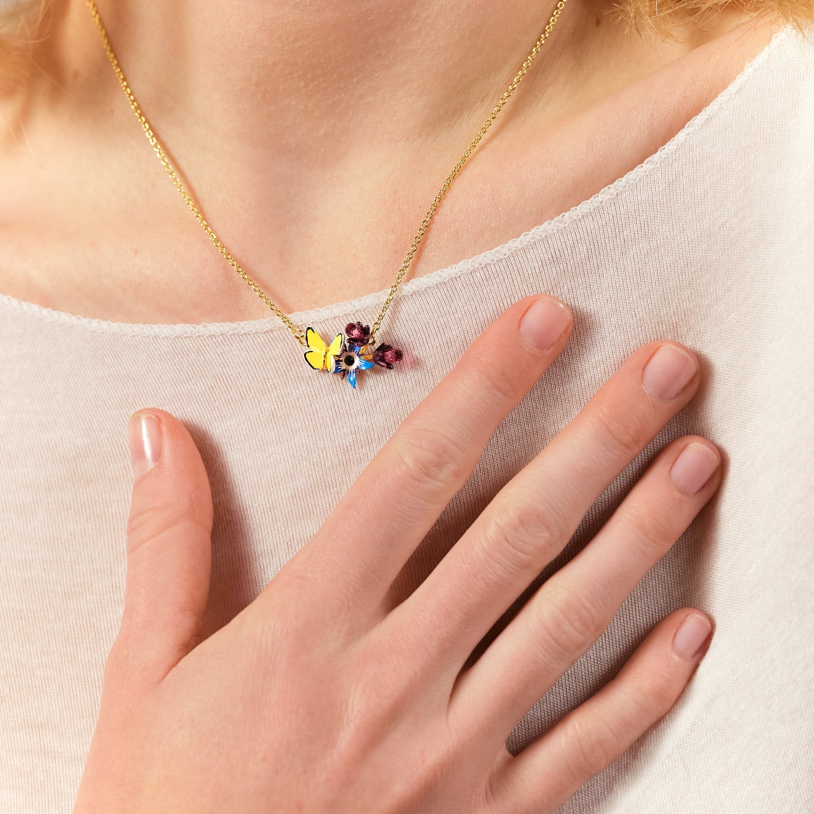Blue Flower And Yellow Butterfly Pendant Necklace | ASPO3031 - Les Nereides