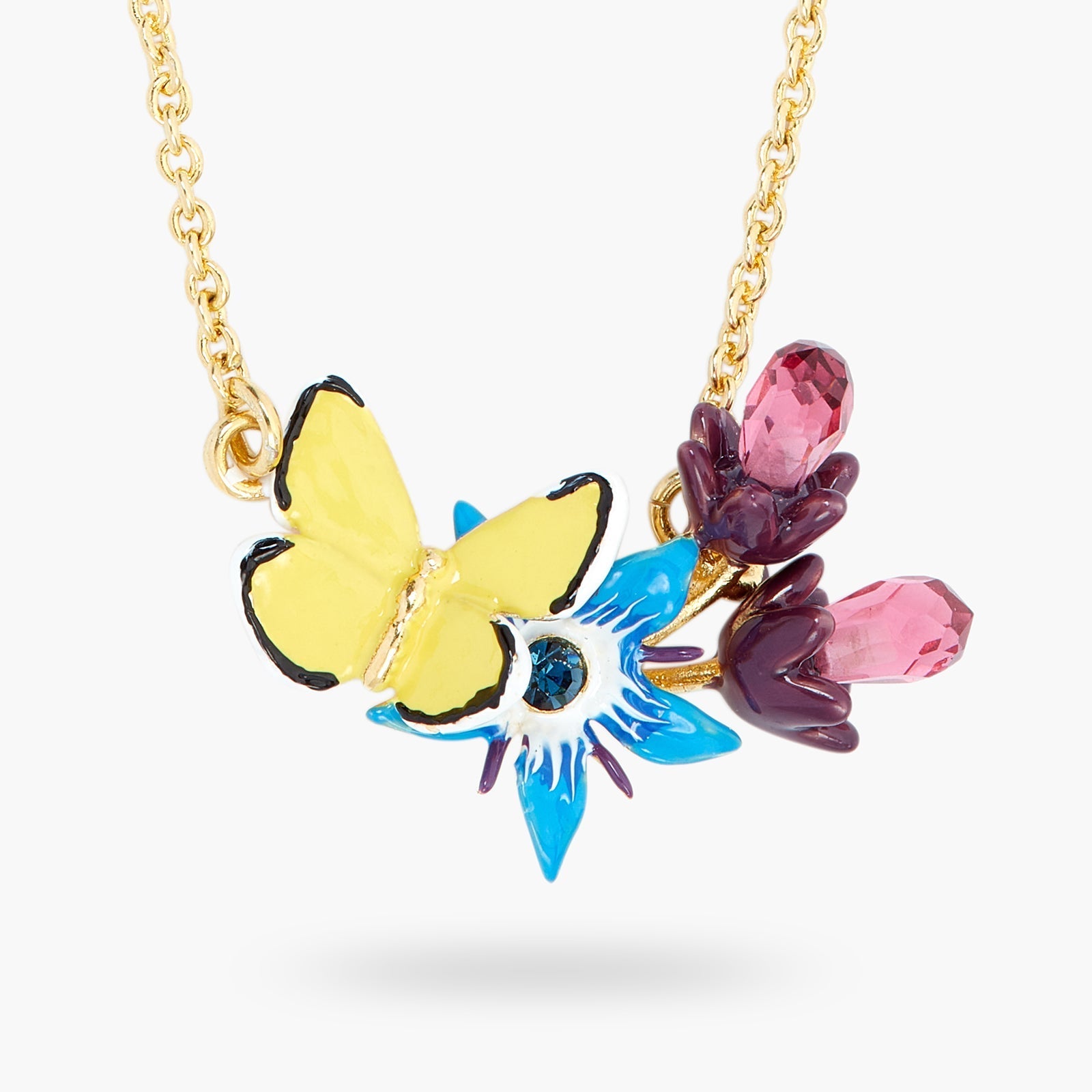 Blue Flower And Yellow Butterfly Pendant Necklace | ASPO3031 - Les Nereides