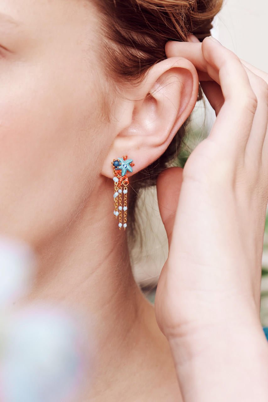 Blue Starfish And Red Coral Pendant Earrings | AOGL1021 - Les Nereides