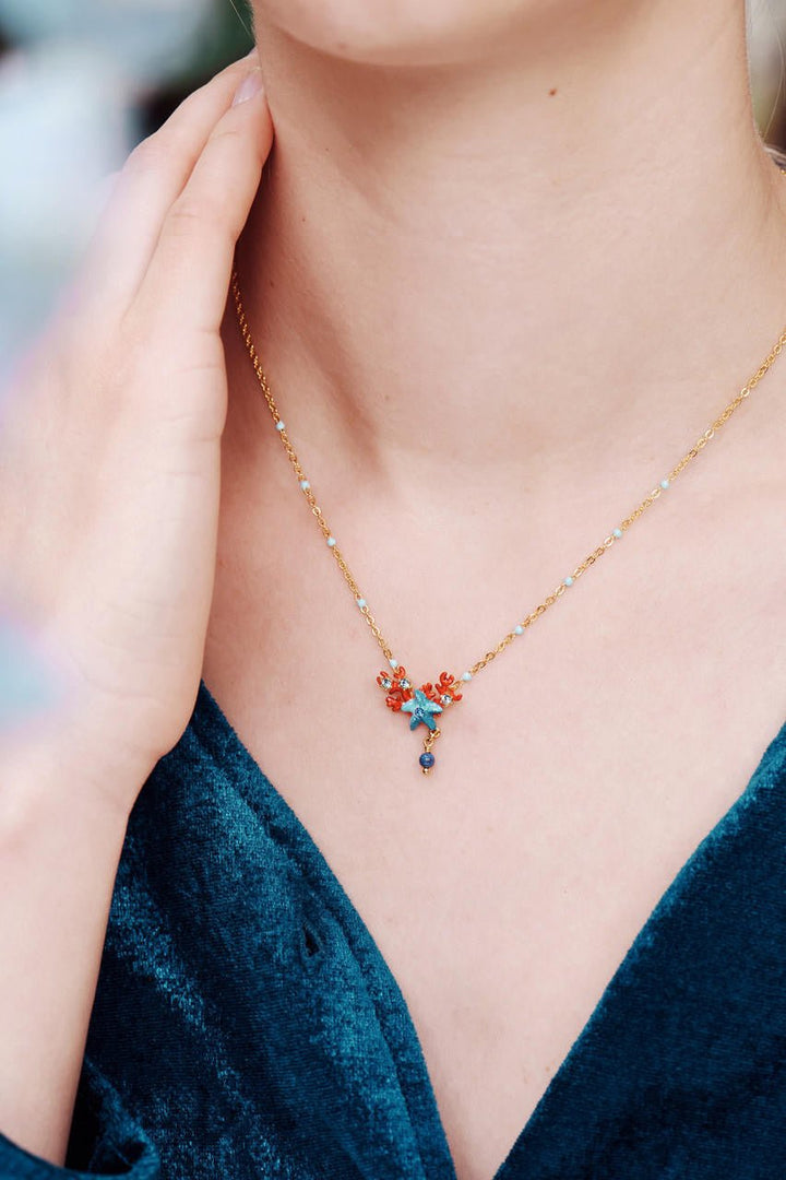 Blue Starfish And Red Coral Pendant Necklace | AOGL3031 - Les Nereides