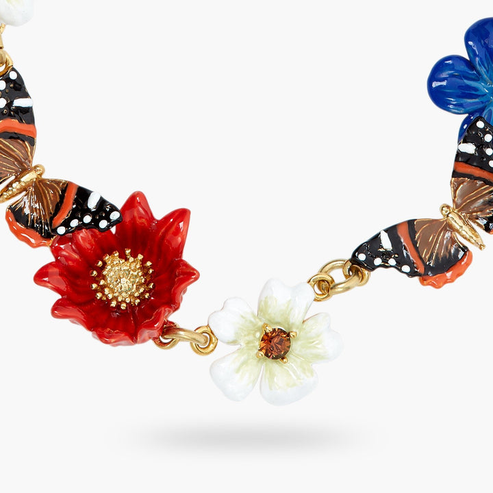 Blue, White And Red Flowers And Butterfly Statement Necklace | ASTM3011 - Les Nereides