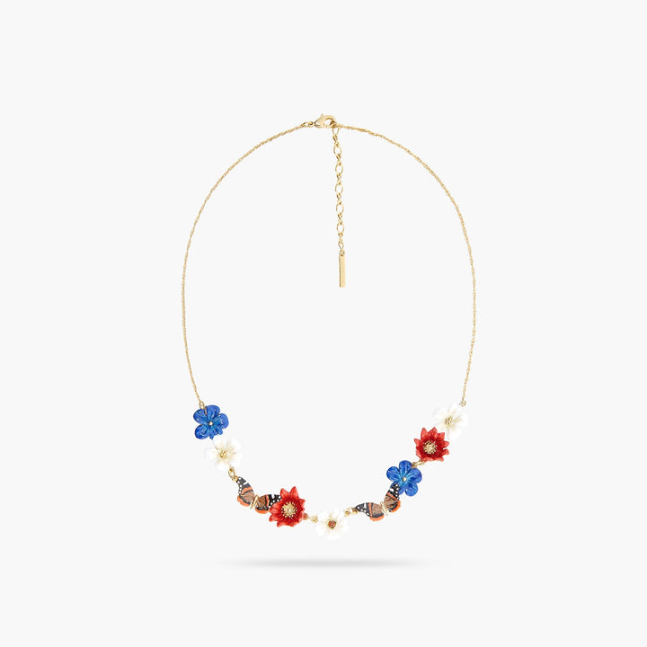 Blue, White And Red Flowers And Butterfly Statement Necklace | ASTM3011 - Les Nereides