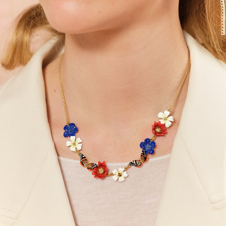 Blue, White And Red Flowers And Butterfly Statement Necklace | ASTM3011 - Les Nereides