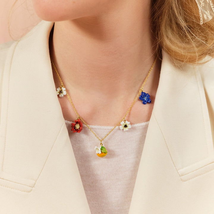 Blue, White And Red Flowers, Clementine And Butterfly Charm Necklace | ASTM3041 - Les Nereides