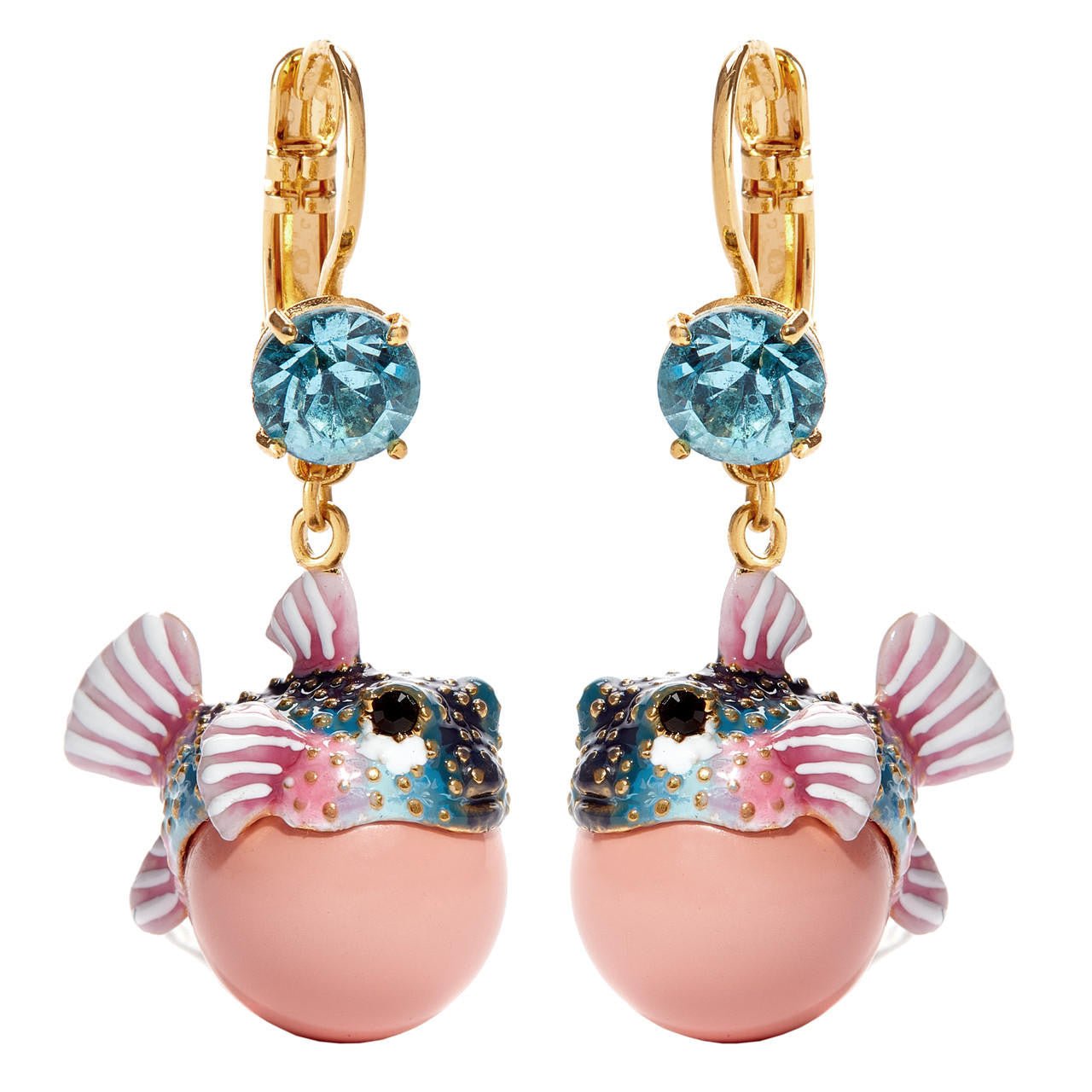Boxfish And Light Blue Faceted Crystal Stone Pendant Sleeper Earrings | AOGL1031 - Les Nereides