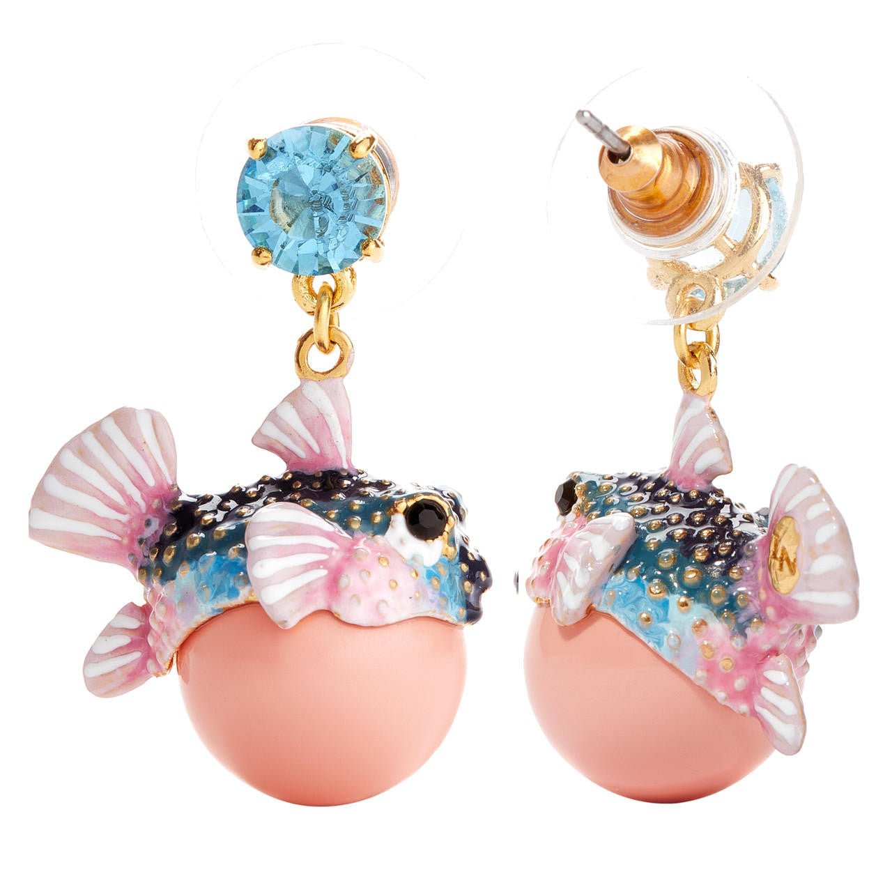 Boxfish And Light Blue Faceted Crystal Stone Pendant Sleeper Earrings | AOGL1031 - Les Nereides