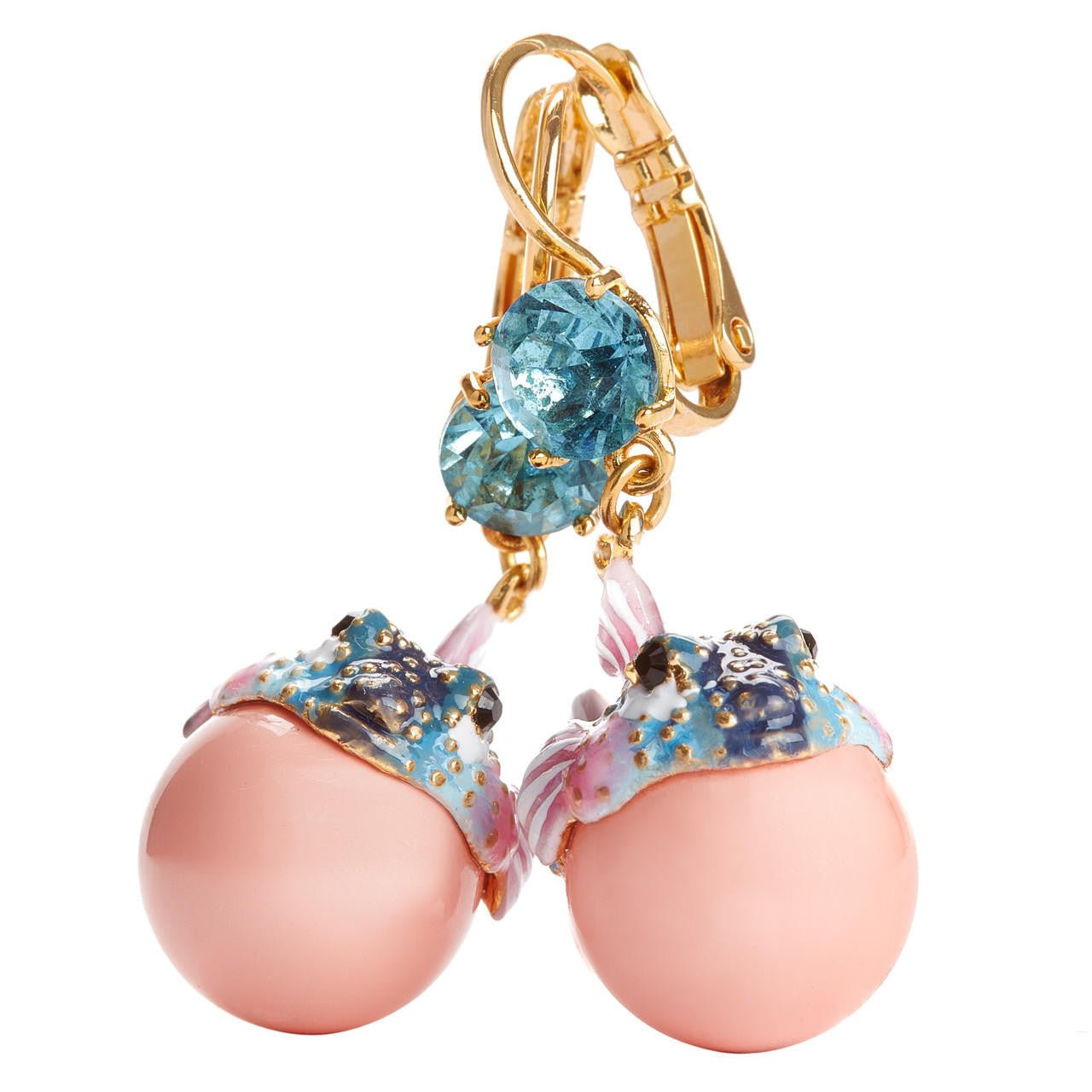 Boxfish And Light Blue Faceted Crystal Stone Pendant Sleeper Earrings | AOGL1031 - Les Nereides