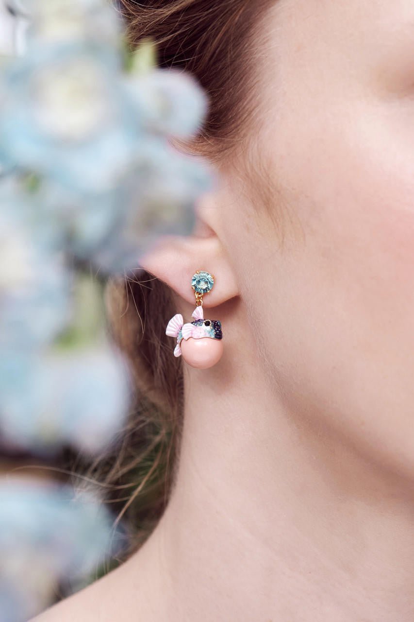 Boxfish And Light Blue Faceted Crystal Stone Pendant Sleeper Earrings | AOGL1031 - Les Nereides