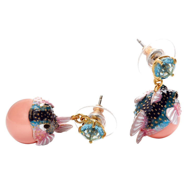 Boxfish And Light Blue Faceted Crystal Stone Pendant Sleeper Earrings | AOGL1031 - Les Nereides