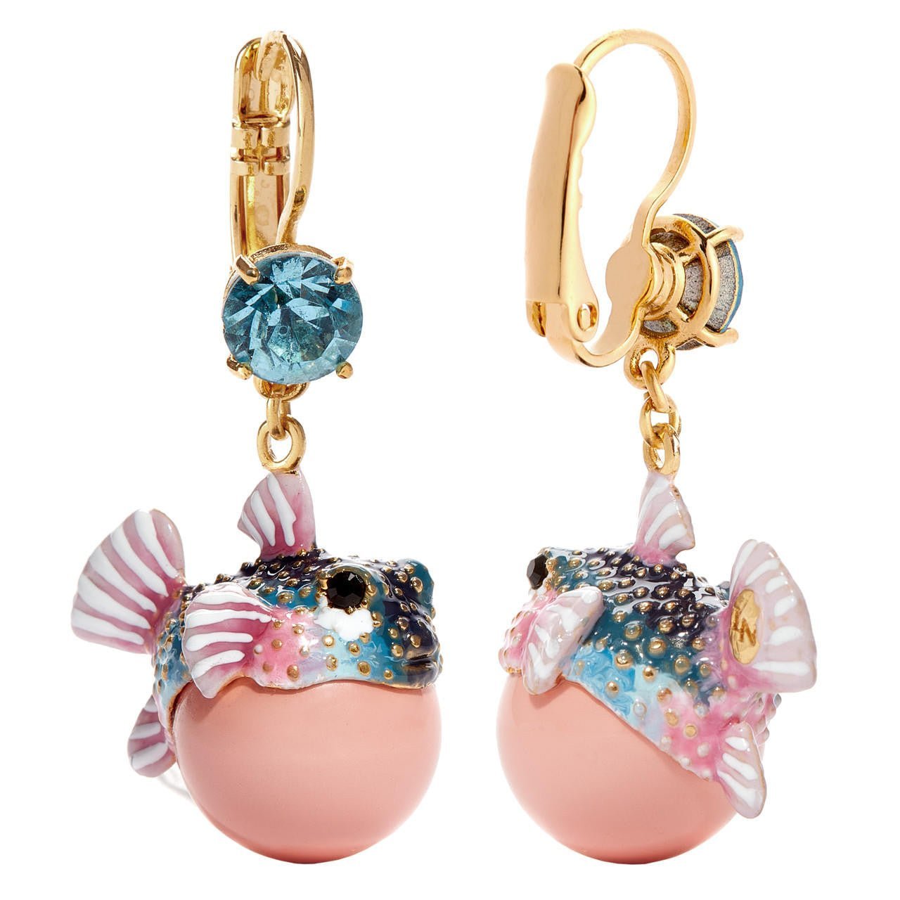 Boxfish And Light Blue Faceted Crystal Stone Pendant Sleeper Earrings | AOGL1031 - Les Nereides