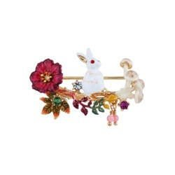 Brooch Jardin Imaginaire White Rabbit W/Mushrooms & Wildflowers Brooch | ACJI5011 - Les Nereides
