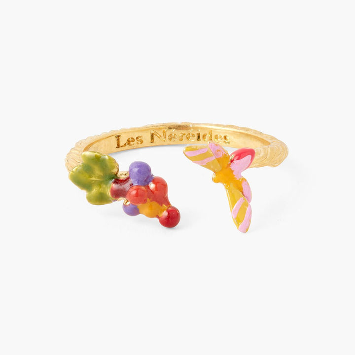 Bunch Of Grapes And Vine Butterfly Adjustable Ring | AQVT6021 - Les Nereides