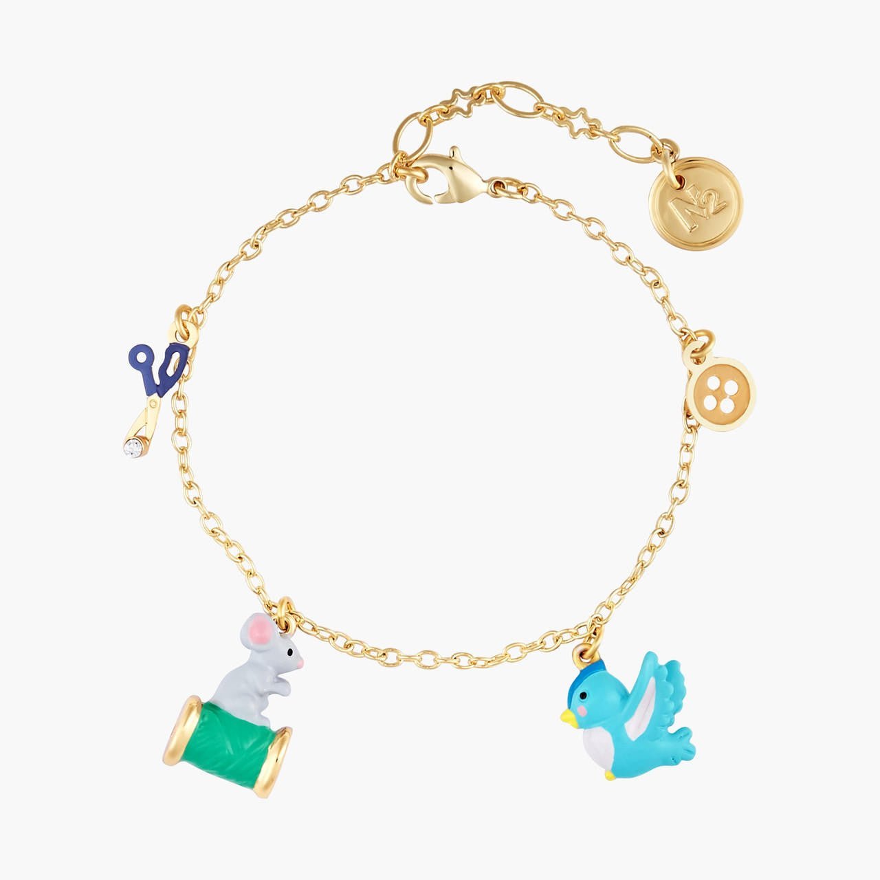 Button, Bird, Spool Of Thread And Mouse, Scissors And Faceted Crystal Thin Bracelet | AOCE2031 - Les Nereides