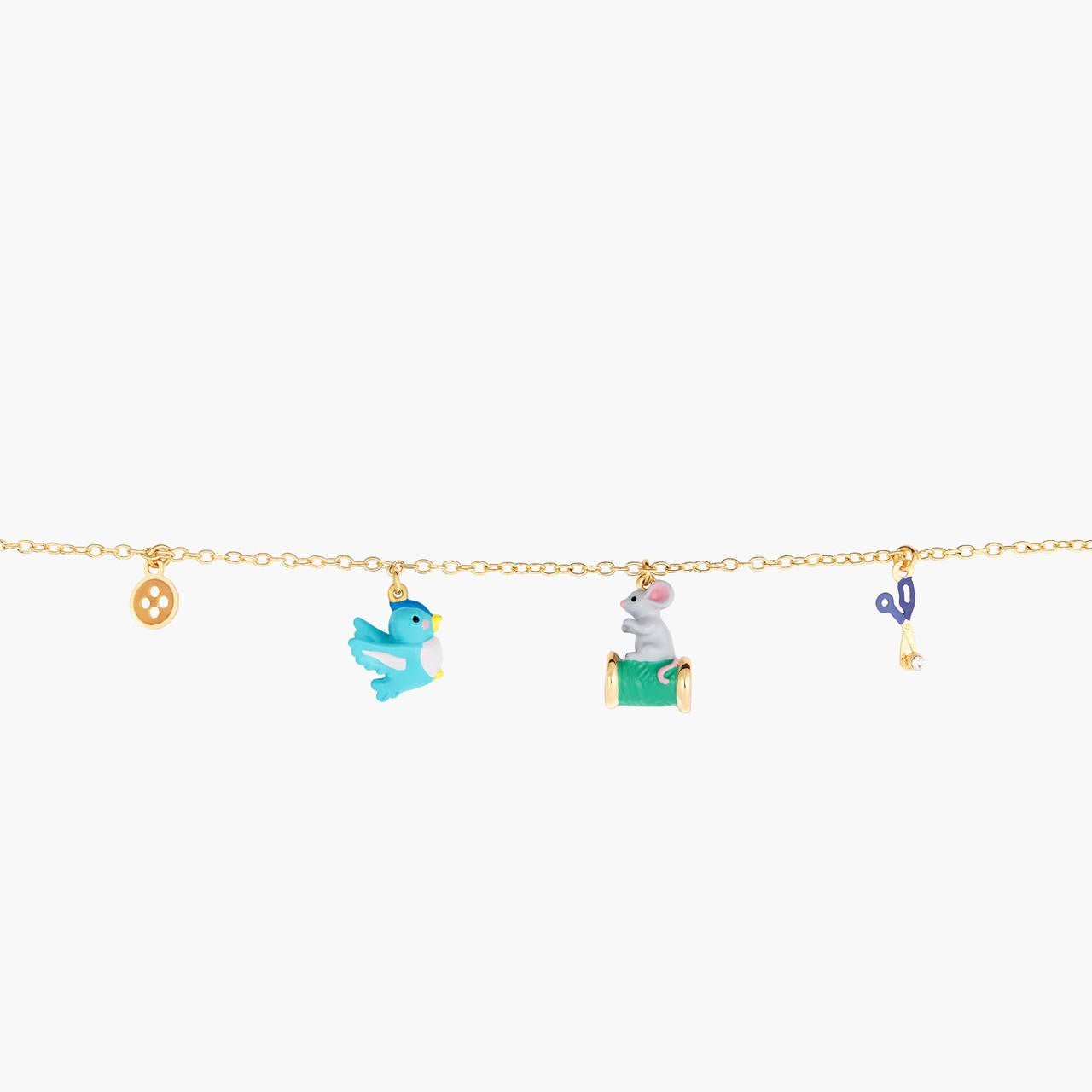 Button, Bird, Spool Of Thread And Mouse, Scissors And Faceted Crystal Thin Bracelet | AOCE2031 - Les Nereides