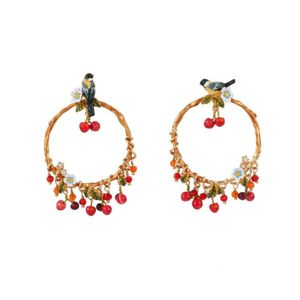 Chant Des Oiseaux Bird And Cherries On Large Branches Hoops Earrings | ADCO105T/1 - Les Nereides