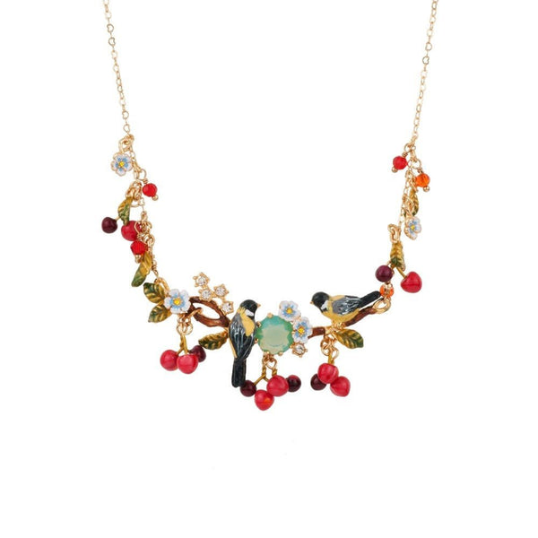 Chant Des Oiseaux Birds, Cherries & Blue Crystal Stone Necklace | ADCO3021 - Les Nereides