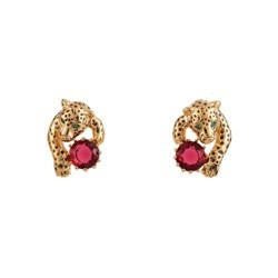 Charmant Felin Panther, Small Ruby Crystal Stone Gold Earrings | ACCF1031 - Les Nereides