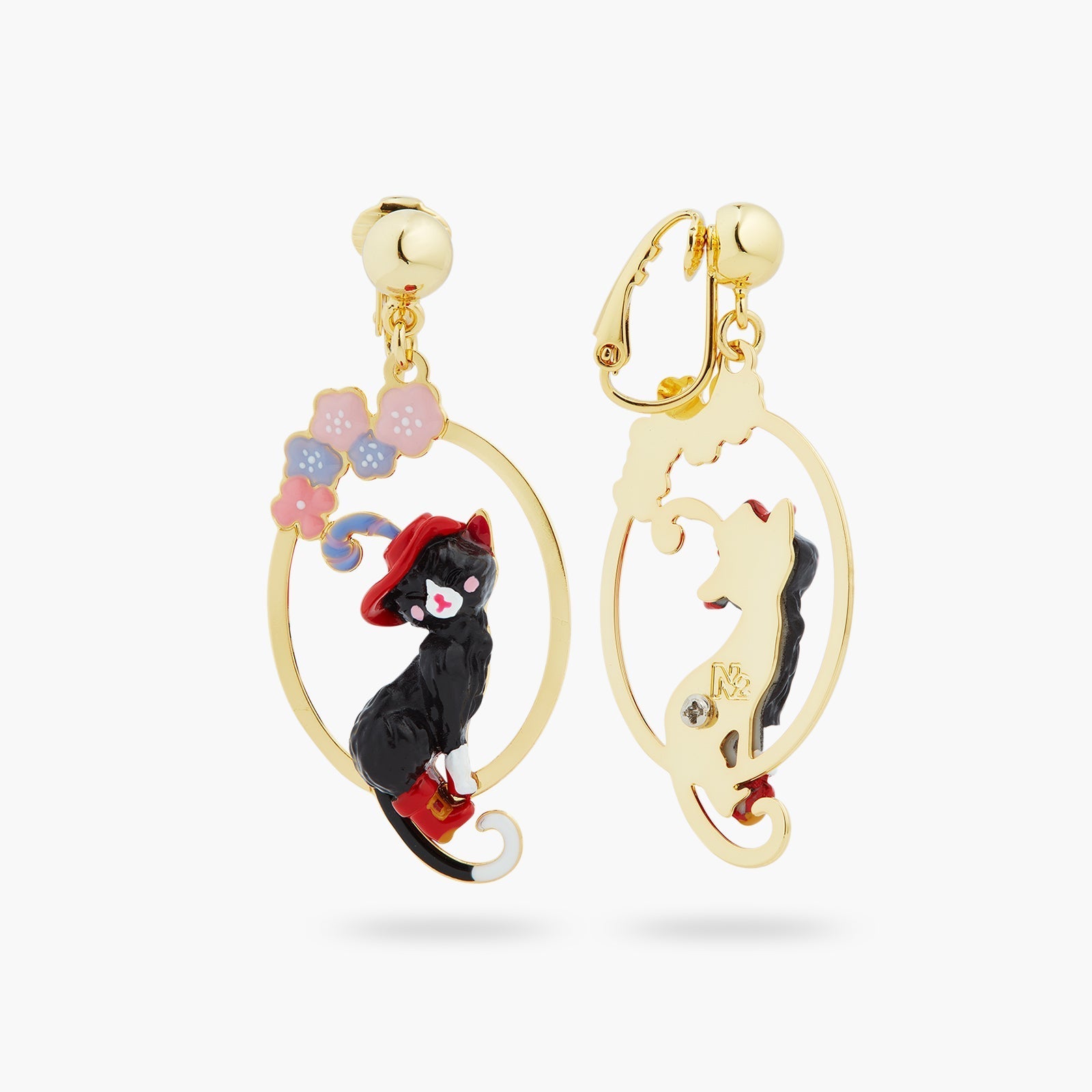 Charming Cat And Flower Hoop Earrings | ASCC1051 - Les Nereides