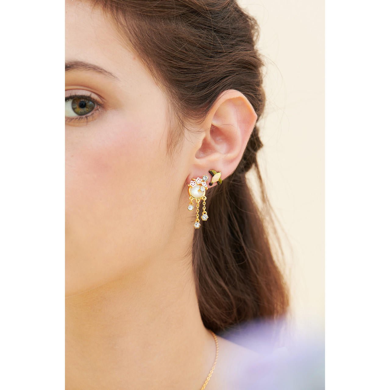 Cherry Blossom Branches And Mother - Of - Pearl Cabochon Earrings | ANHA1051 - Les Nereides