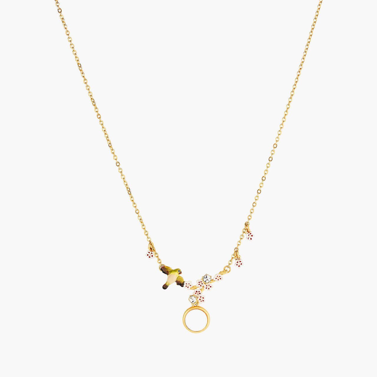 Cherry Blossom, Japanese Zosterops, Mother - Of - Pearl Cabochon And Golden Branch Pendant Necklace | ANHA3051 - Les Nereides
