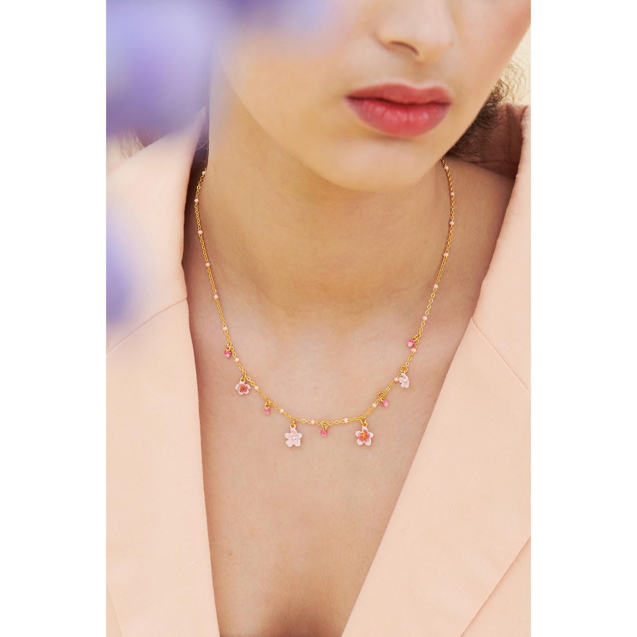 Cherry Blossom, Japanese Zosterops, Mother - Of - Pearl Cabochon And Golden Branch Pendant Necklace | ANHA3051 - Les Nereides