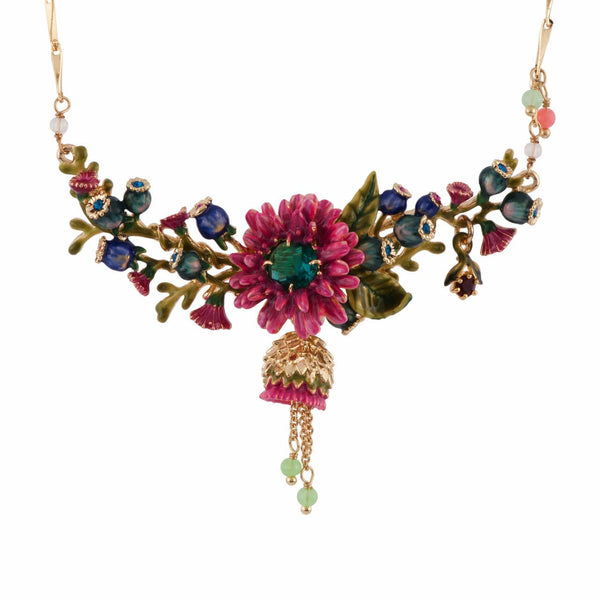 Chimera Plant Large Pink Flower With Blue Crystal Stone & Bud Flowers Necklace | AFCH3011 - Les Nereides
