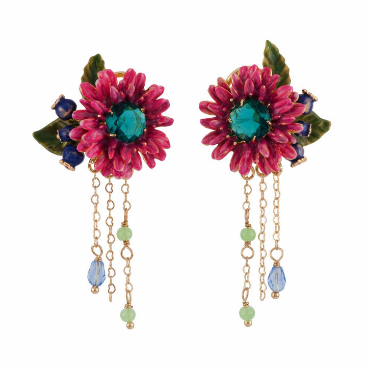 Chimera Plant Large Pink Flower With Blue Crystal Stone Earrings | AFCH1021 - Les Nereides