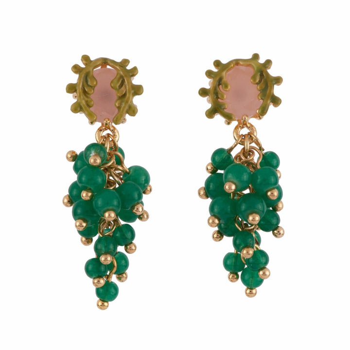 Chimera Plant Pink Crystal Stone With Leaves And Green Beads Bunch Earrings | AFCH1071 - Les Nereides