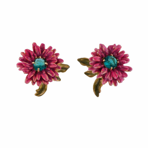 Chimera Plant Small Pink Flower With Blue Crystal Stone Earrings | AFCH1011 - Les Nereides