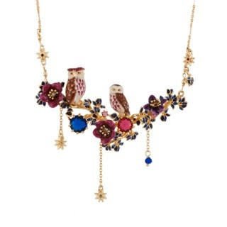 Clarte Nocturne Eagle Owl & Owl With Flowers, Dark Blue & Garnet Crystal Stones Necklace | AECN3101 - Les Nereides