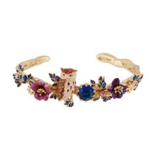 Clarte Nocturne Eagle Owl With Leaves, Burgundy Flower And Dark Blue Crystal Stone Large Bracelet | AECN2051 - Les Nereides