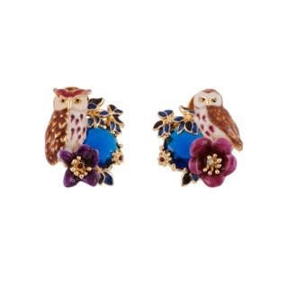 Clarte Nocturne Owl And Eagle Owl With Flowers And Dark Blue Faceted Crystal Earrings | AECN113T/1 - Les Nereides