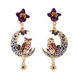 Clarte Nocturne Owl & Eagle Owl On Crescent Moon Earrings | AECN112T/1 - Les Nereides