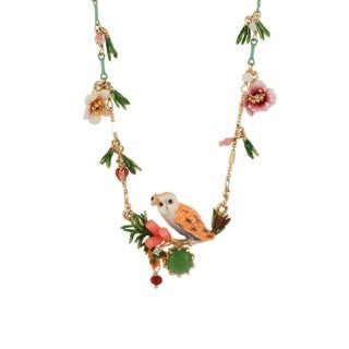 Clarte Nocturne Owl On A Branch With Dark Green Crystal Stone, Flowers And Pin Needles Necklace | AECN3081 - Les Nereides