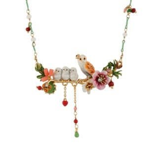 Clarte Nocturne Owl & Owlets With Flowers & Dark Green Crystal Stone Necklace | AECN3021 - Les Nereides