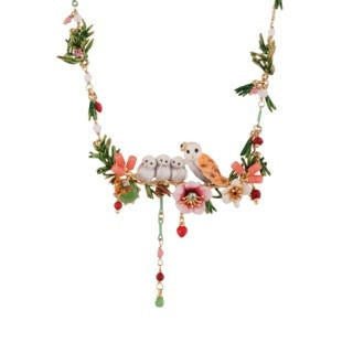 Clarte Nocturne Owl & Owlets With Flowers, Dark Green Crystal Stone & Pin Needles Necklace | AECN3011 - Les Nereides