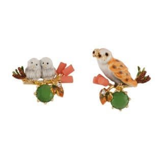 Clarte Nocturne Owl, Owlets With Green Faceted Crystal Earrings | AECN105T/1 - Les Nereides