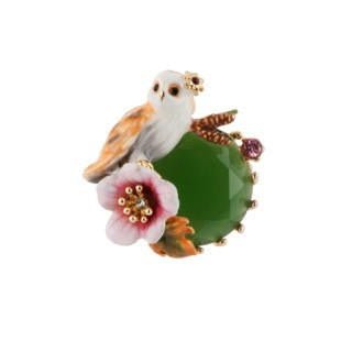Clarte Nocturne Owl, Pin Needles & Pink Flower With Dark Green Crystal Stone Rings | AECN602/11 - Les Nereides