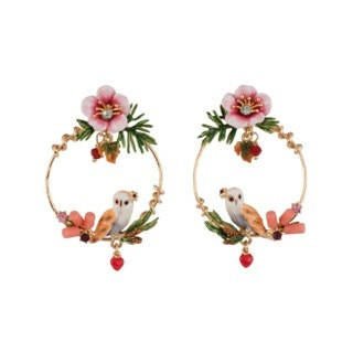 Clarte Nocturne Owl & Pink Flower On Vegetal Hoops Earrings | AECN107T/1 - Les Nereides